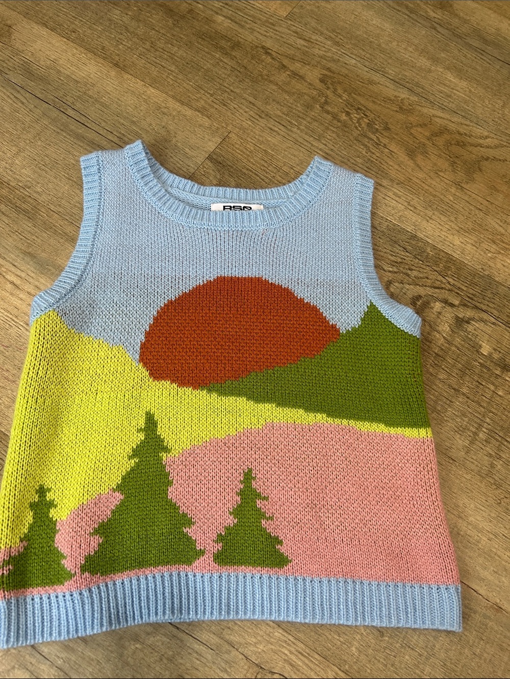 Scenic Knit Tank with Sun and Trees - Pastel Blue, Pink, Green, Orange